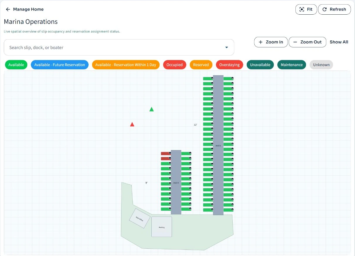 AeonSea Marina Operations spatial view with docks, slips, and occupancy statuses