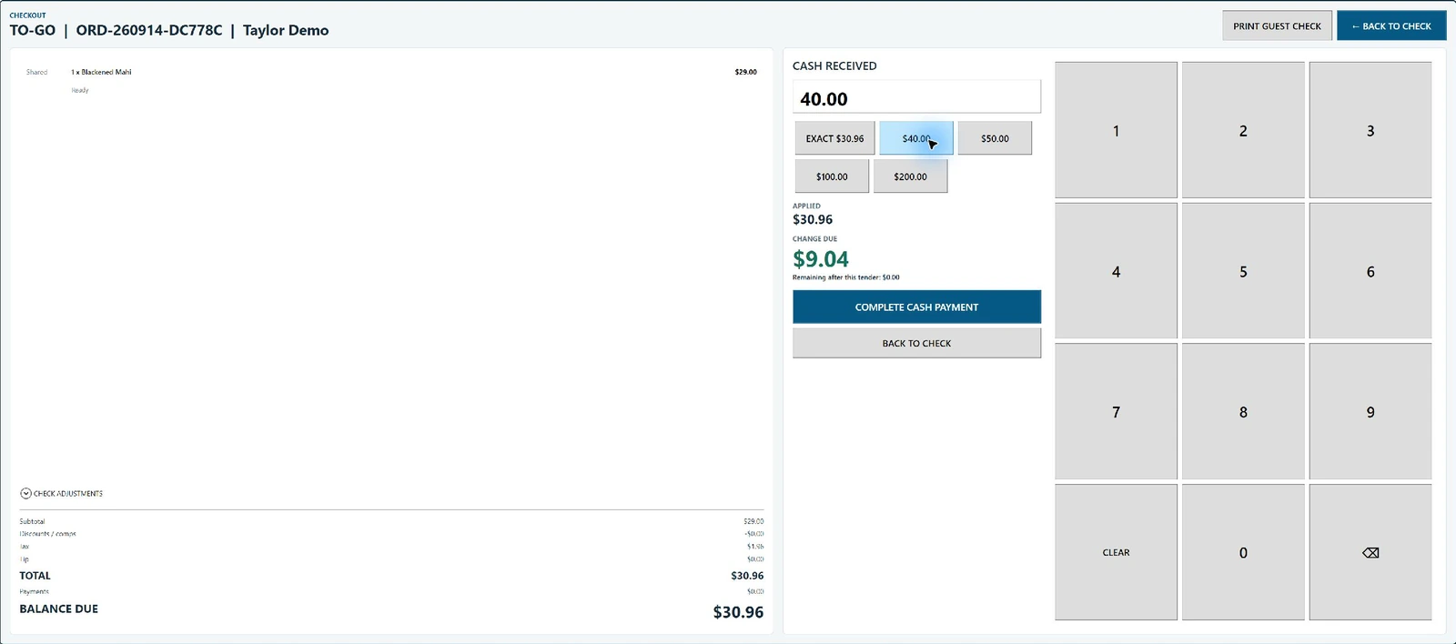 Actual WPF cash checkout with a 30.96 dollar balance, 40 dollars tendered and 9.04 dollars change