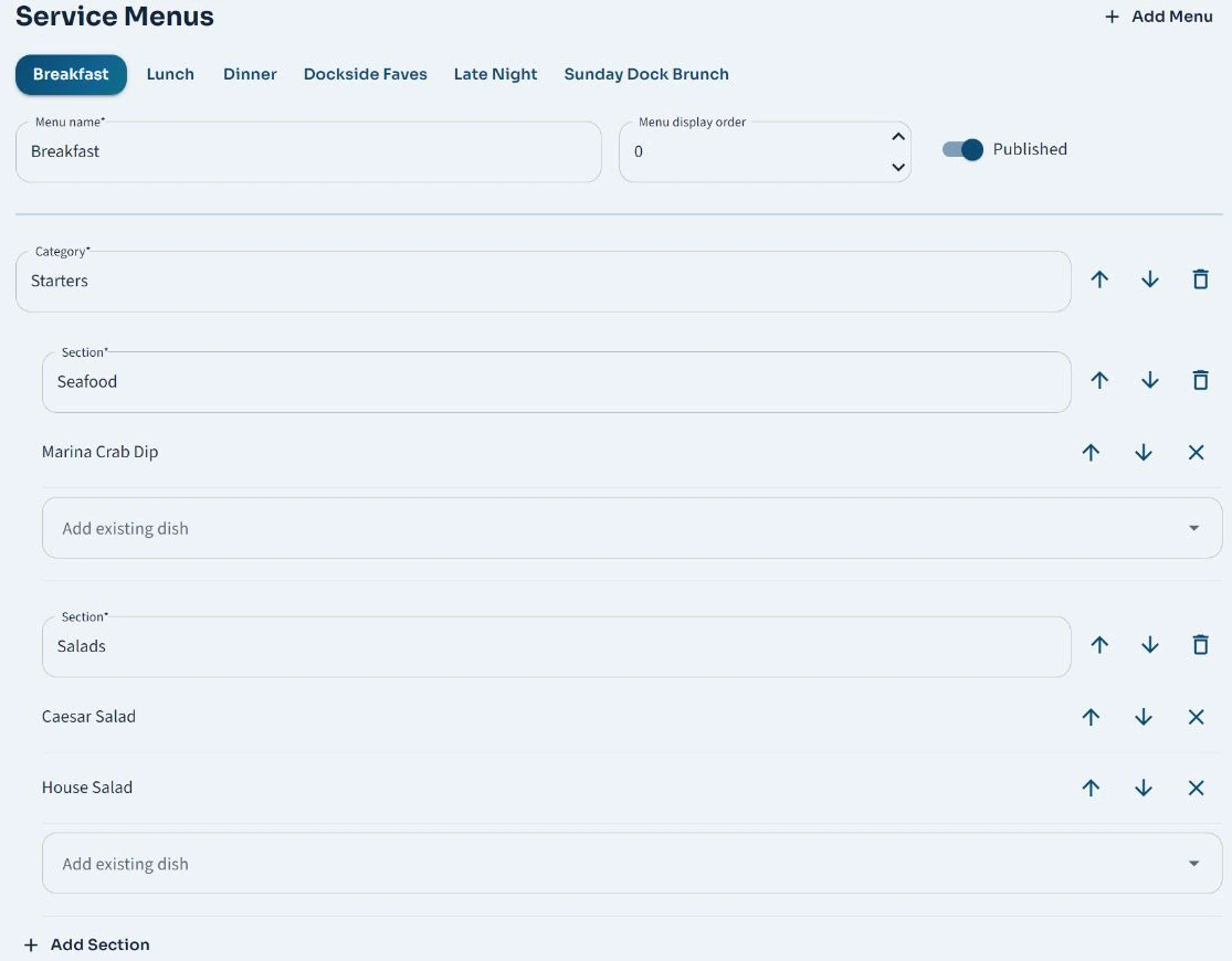 AeonSea Web menu manager showing service menus, categories, seafood and salad sections
