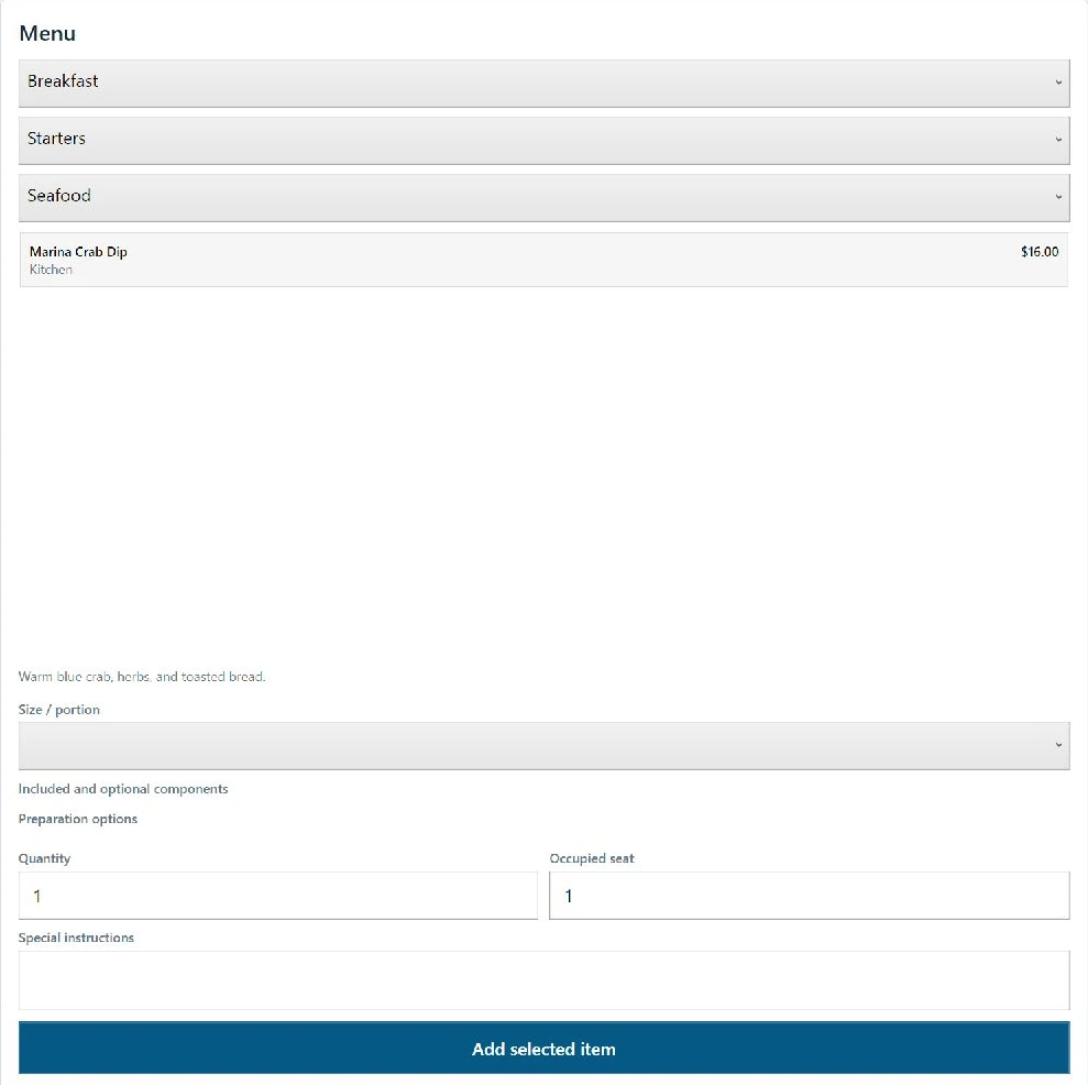 Actual WPF order-entry panel with menu selectors, quantity, occupied seat and special instructions