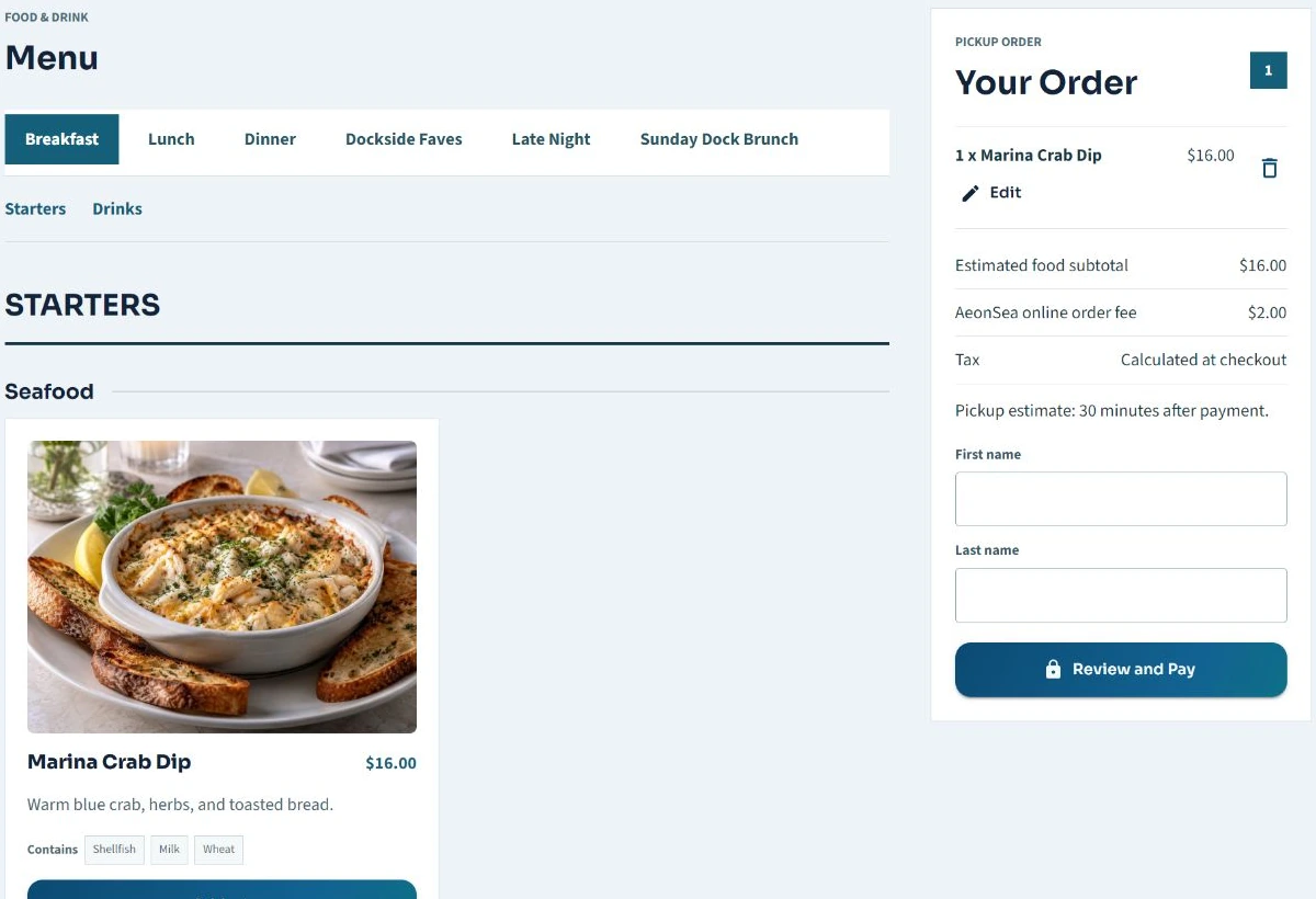 Live AeonSea public restaurant menu with dish photography, service-menu tabs and a pickup cart
