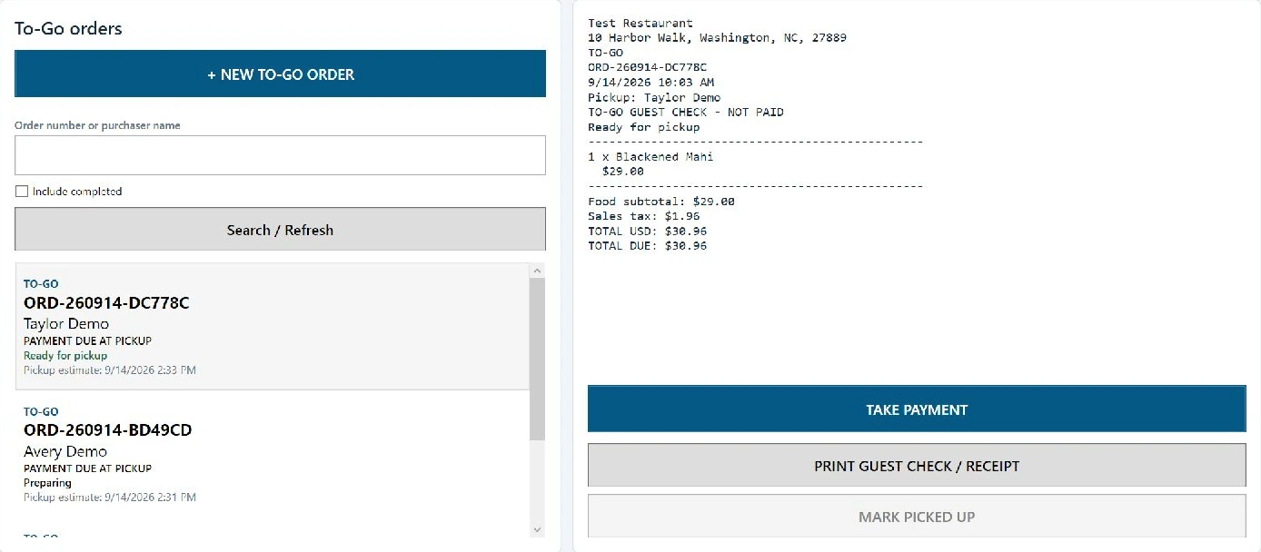 AeonSea Restaurant desktop showing demonstration pickup orders and a guest check